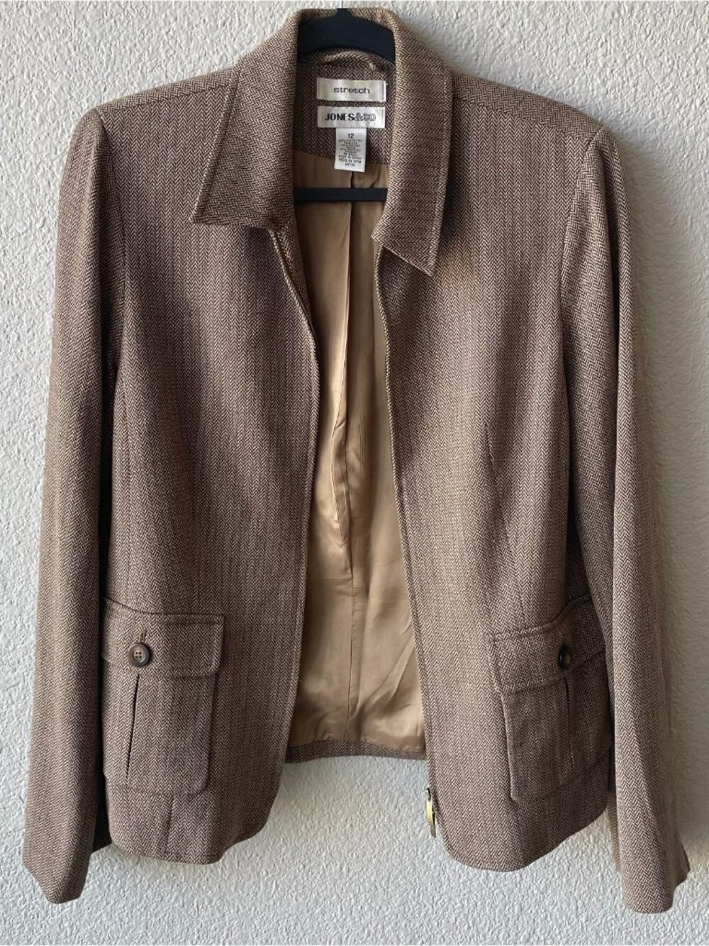 Jones & Co Women's Blazer Stretch Size 12 Brown Herringbone Zipper Closure